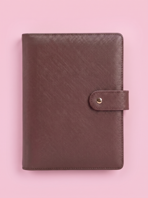 A brown textured leather planner cover with a snap-button strap closure, laid flat on a solid pink background.