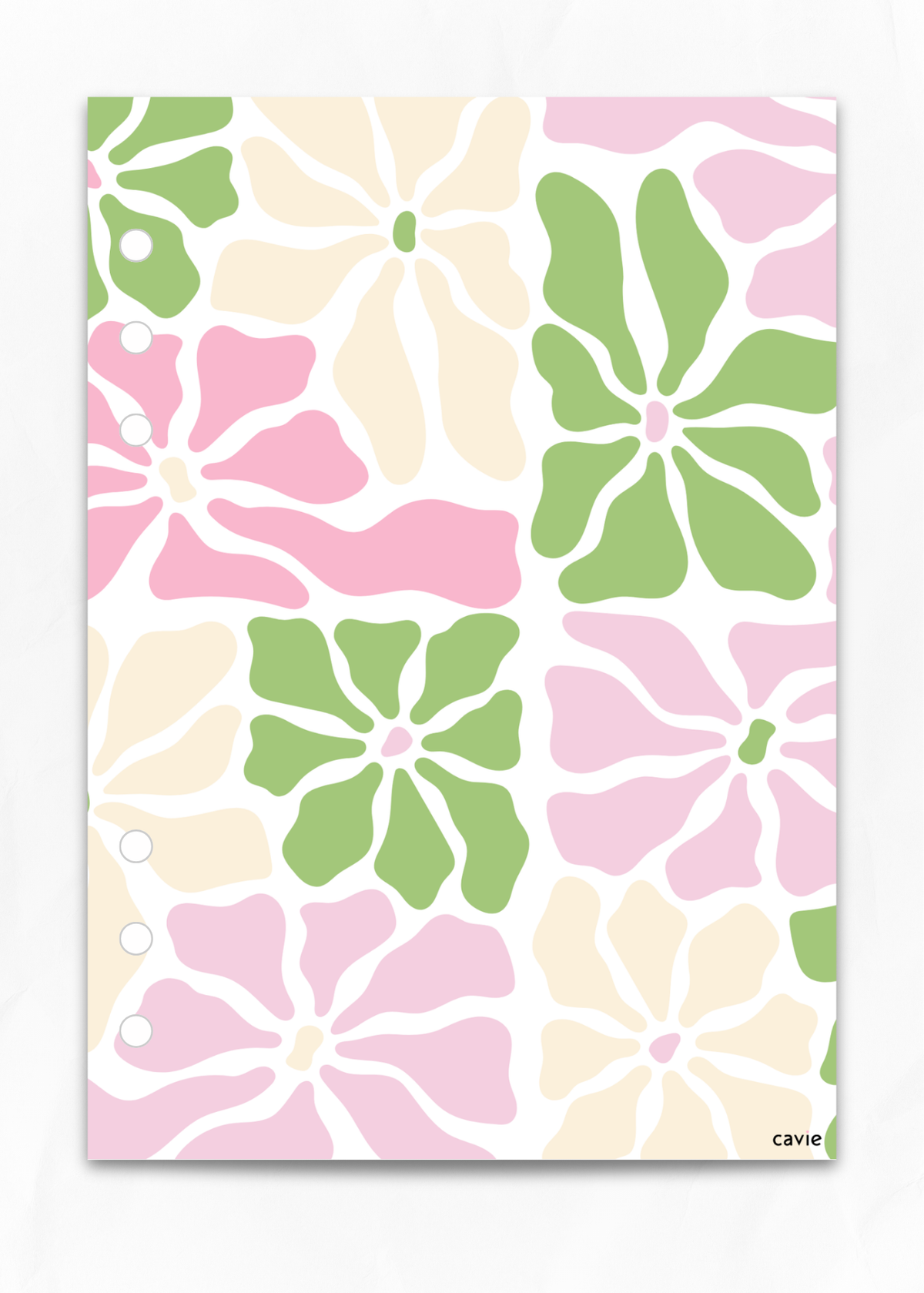 A three-ring binder notebook cover featuring a retro floral pattern in pink, light green, and cream on a white background, with the brand name 'CAVE' printed in the bottom right corner.