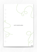 A minimalist white planner insert or notebook page with a light green abstract squiggle design, the text 'Let's matcha plan.' in the center, and the brand name 'cavie' in the bottom right corner.