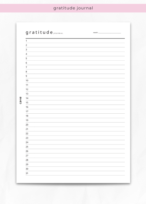 Monthly gratitude journal insert for A5 six-ring planners by Cavie, one line a day