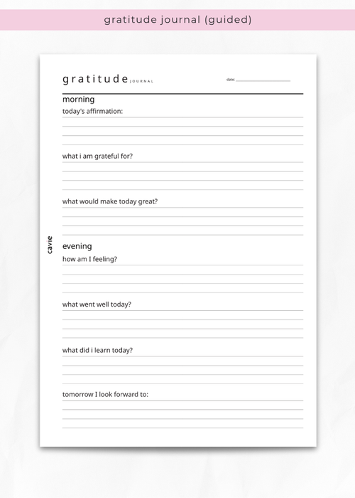 Guided gratitude journal insert for A5 six-ring planners by Cavie, morning and evening prompts
