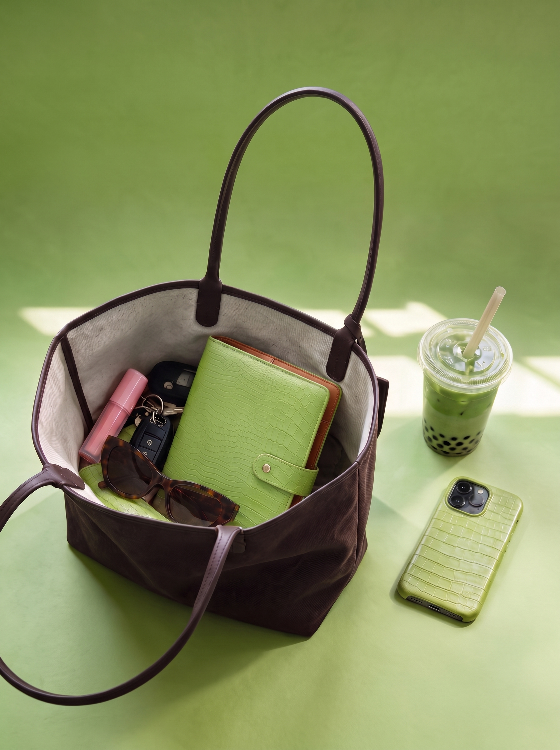 Matcha green croc-print A5 six-ring planner by Cavie, styled view