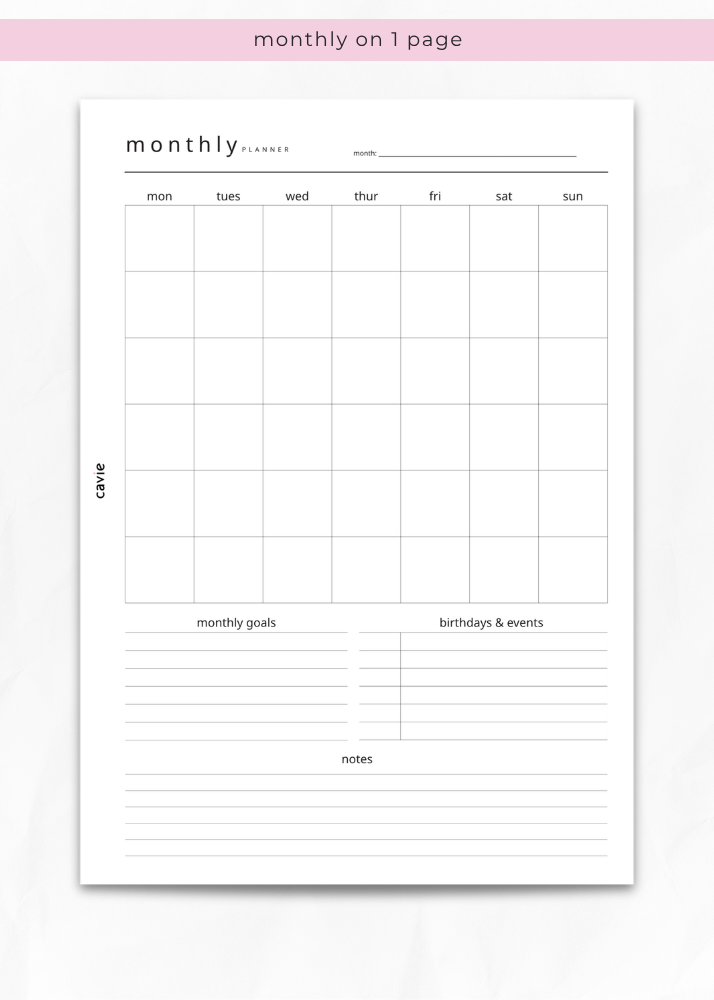 One-page monthly planner insert for A5 six-ring binders by Cavie, month on a single page