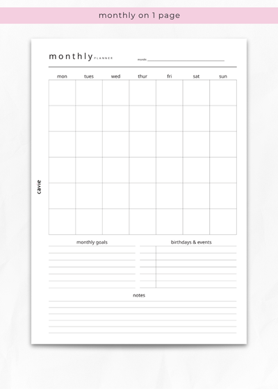 One-page monthly planner insert for A5 six-ring binders by Cavie, month on a single page