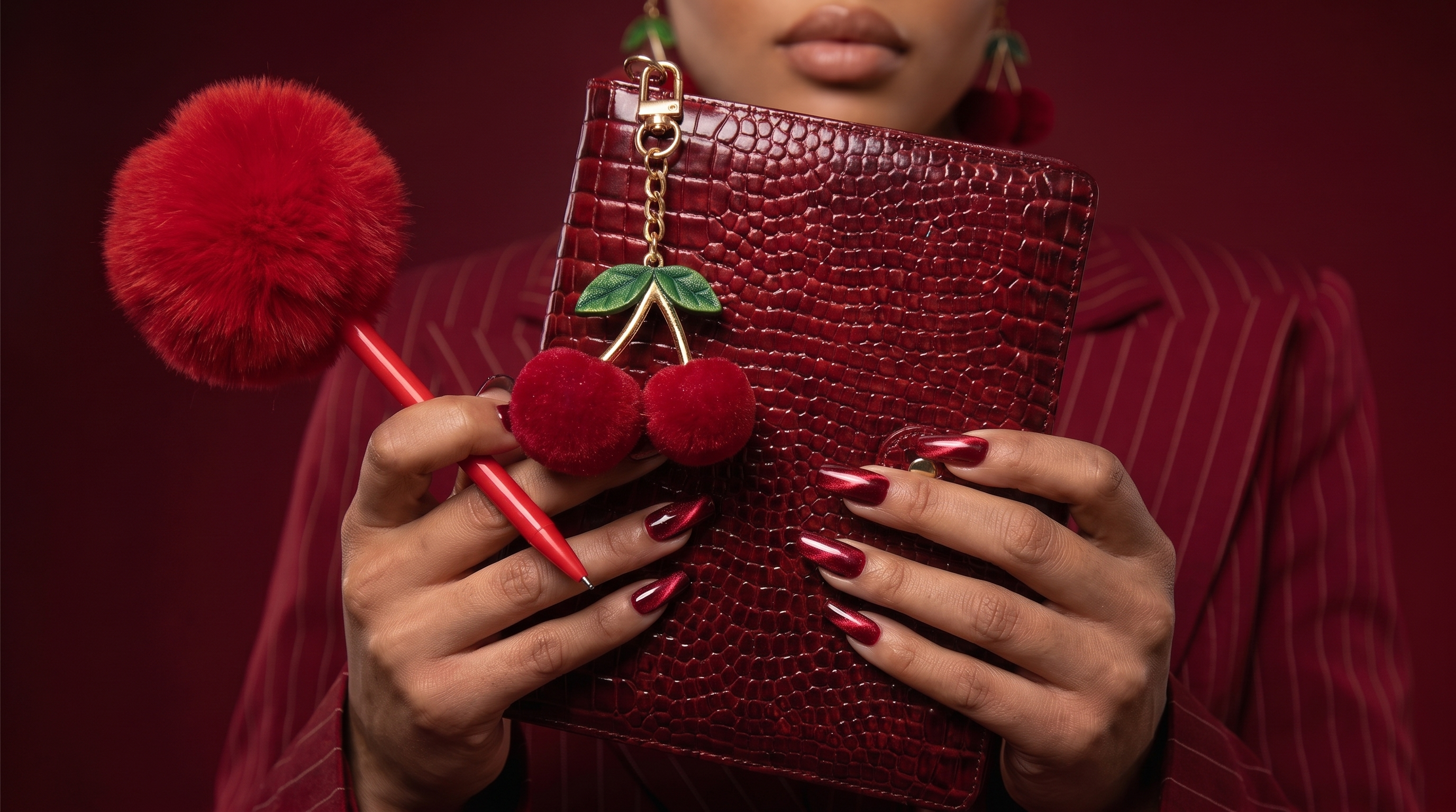 A close-up of a person holding a textured red crocodile-embossed a5 planner with a cherry charm, alongside a matching red pom-pom pen, against a dark red background.