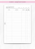 A printable student assignment tracker sheet with a pink header reading 'student - assignment tracker' and a white table with columns for course, assignment, due date, % of grade, and grade received. The sheet is shown on a light gray background.