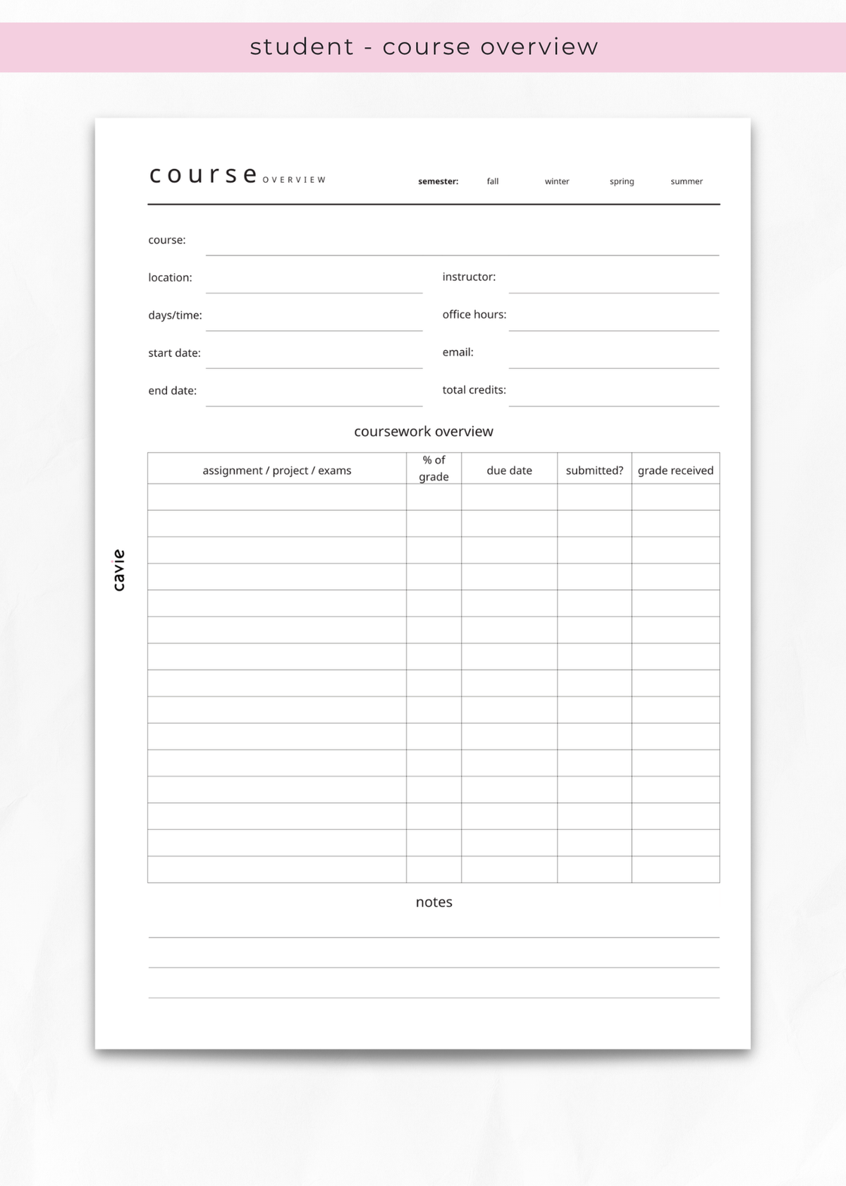 a student course overview with course detail directives and assignment tracking