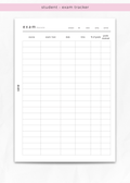 A printable student exam tracker sheet with columns for semester, term, season, year, course, exams/hard dates, date, time, % of grade received, and grade received, shown on a light gray background with a pink header banner.