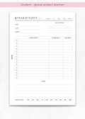 A student group project planner sheet with fields for project details, group members, action items, assigned to, due date, notes, and a progress tracker, shown on a light marble background with a pink header banner reading 'student - group project planner'.