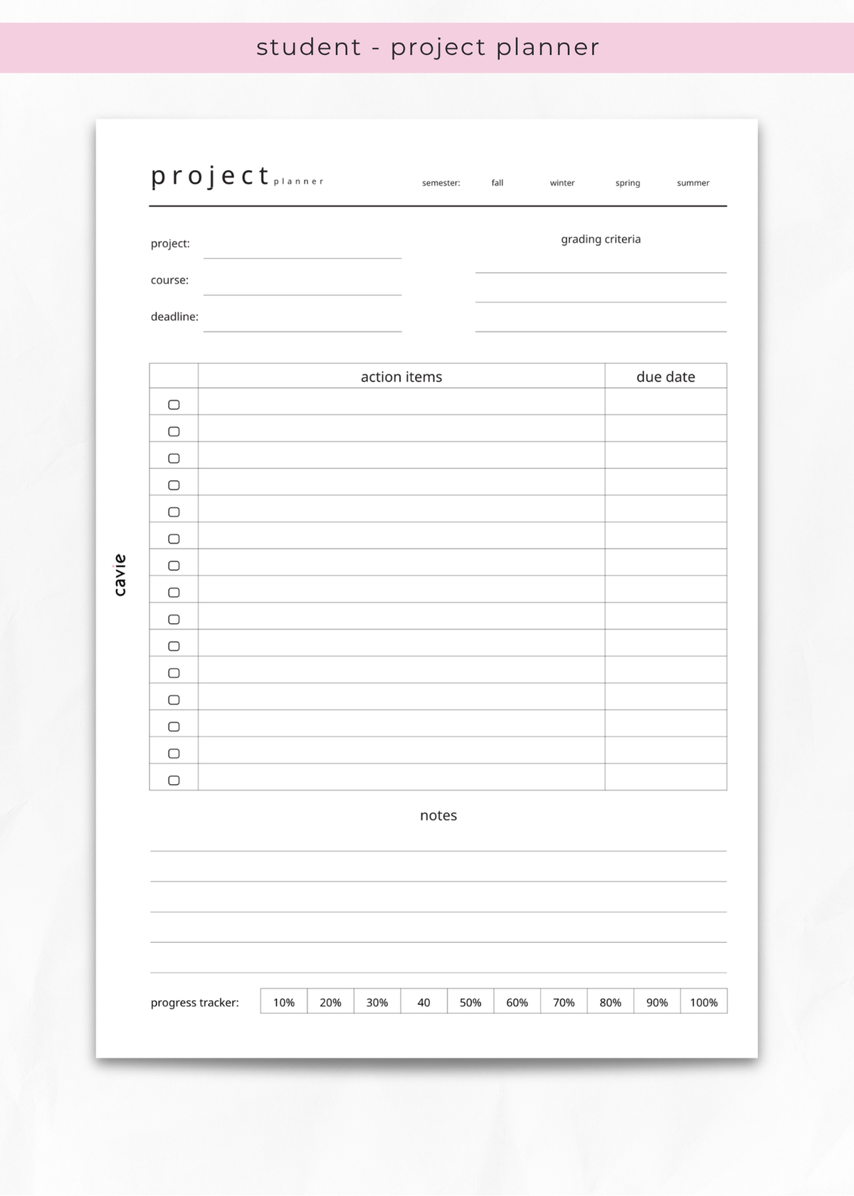 student project planner insert to track deadlines, actionable items, due dates and a progress tracker