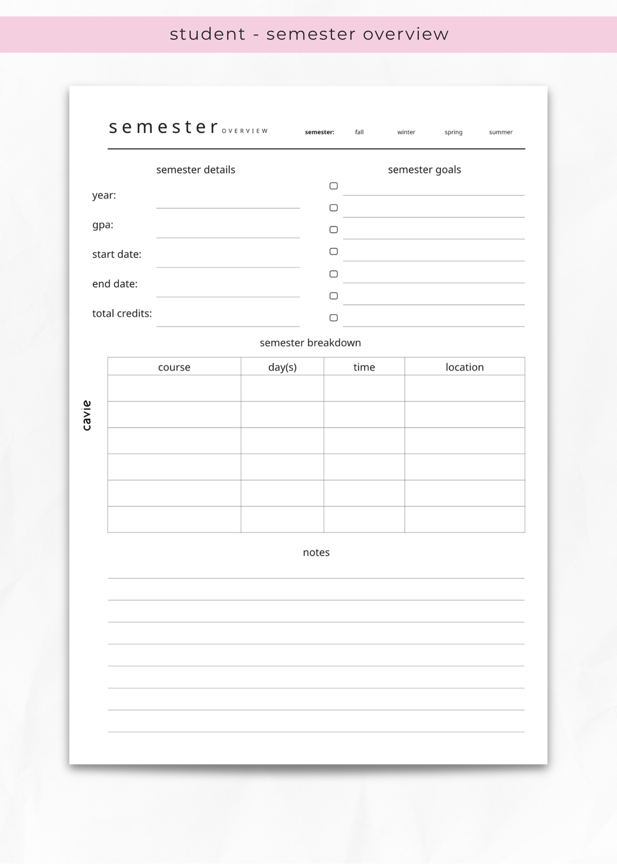 A semester overview planner page from the course GAWK, featuring sections for semester details, semester goals, a semester breakdown table, and a notes area, shown on a light gray background with a pink header.