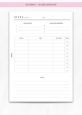 student study planner breaking down course priorities, tasks, due date and notes