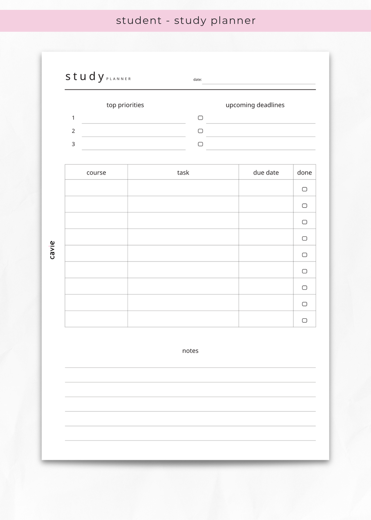 student study planner breaking down course priorities, tasks, due date and notes