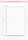 A printable student study schedule planner page with columns for days of the week and rows for hours from 7 am to 9 pm, shown on a light gray background with a pink header label reading 'student - study schedule'.