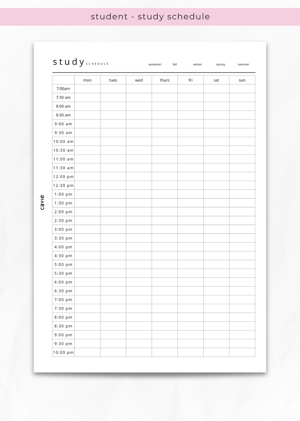 A printable student study schedule planner page with columns for days of the week and rows for hours from 7 am to 9 pm, shown on a light gray background with a pink header label reading 'student - study schedule'.