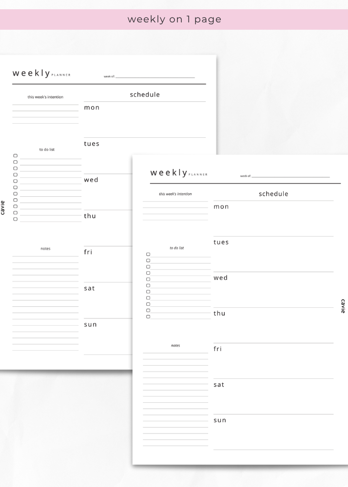 Cavie one-page weekly planner insert, A5 six-ring refill, layout detail