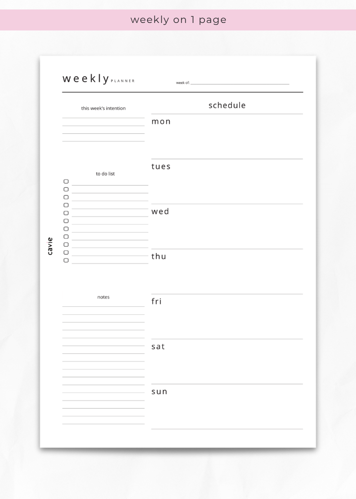 One-page weekly planner insert for A5 six-ring binders by Cavie, week on a single page
