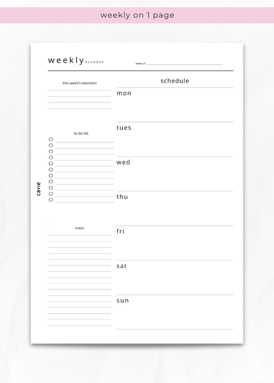 One-page weekly planner insert for A5 six-ring binders by Cavie, week on a single page