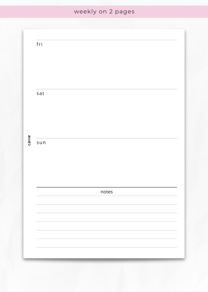Cavie two-page weekly planner insert, A5 six-ring refill, styled view