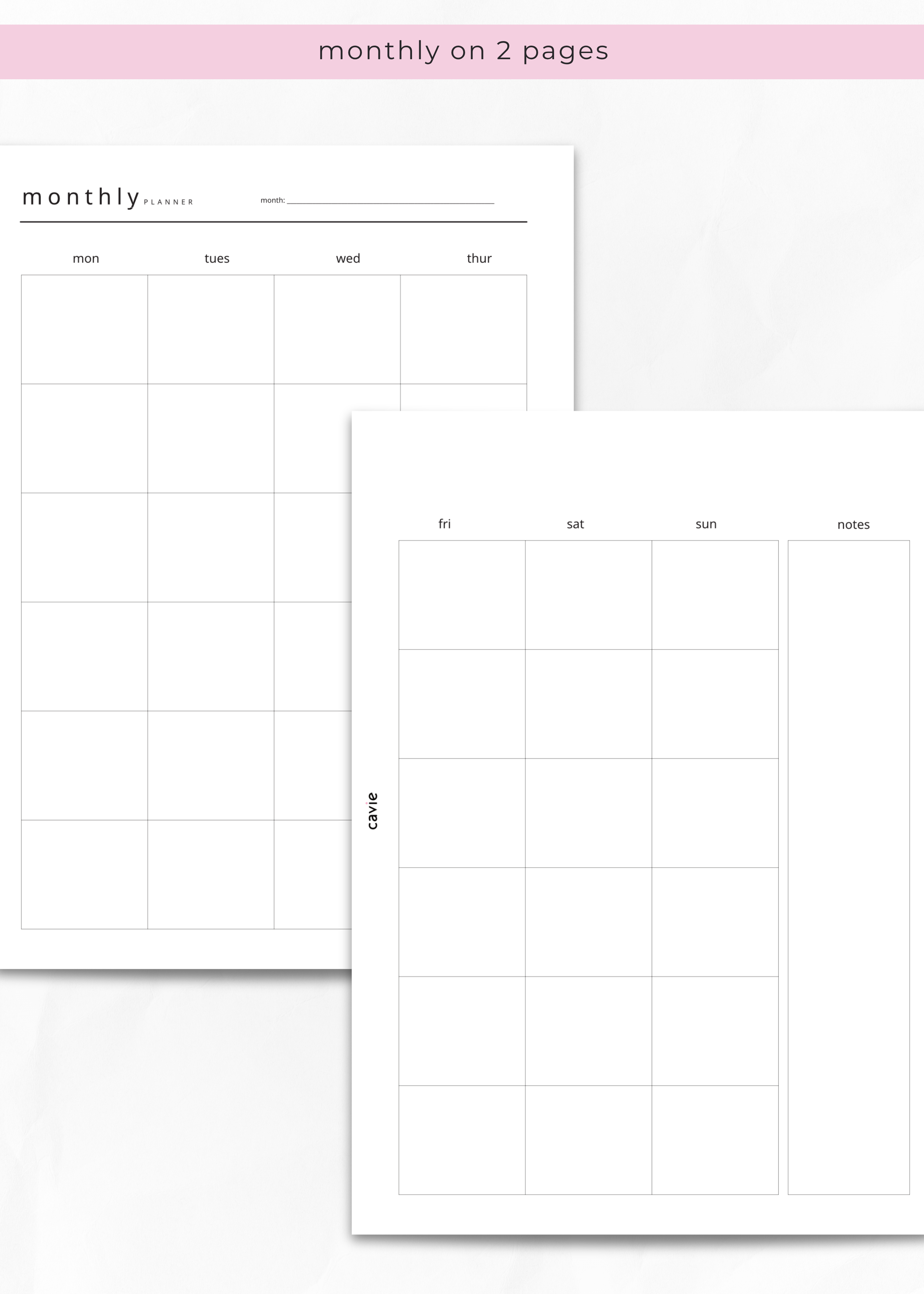Two-page monthly planner insert for A5 six-ring binders by Cavie, month across two pages