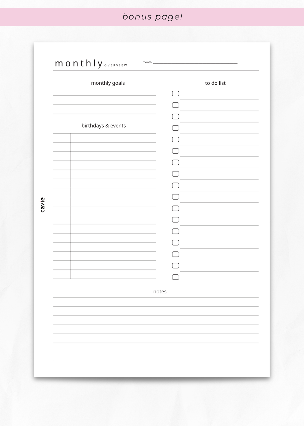 Cavie two-page monthly planner insert, A5 six-ring refill, monthly overview page