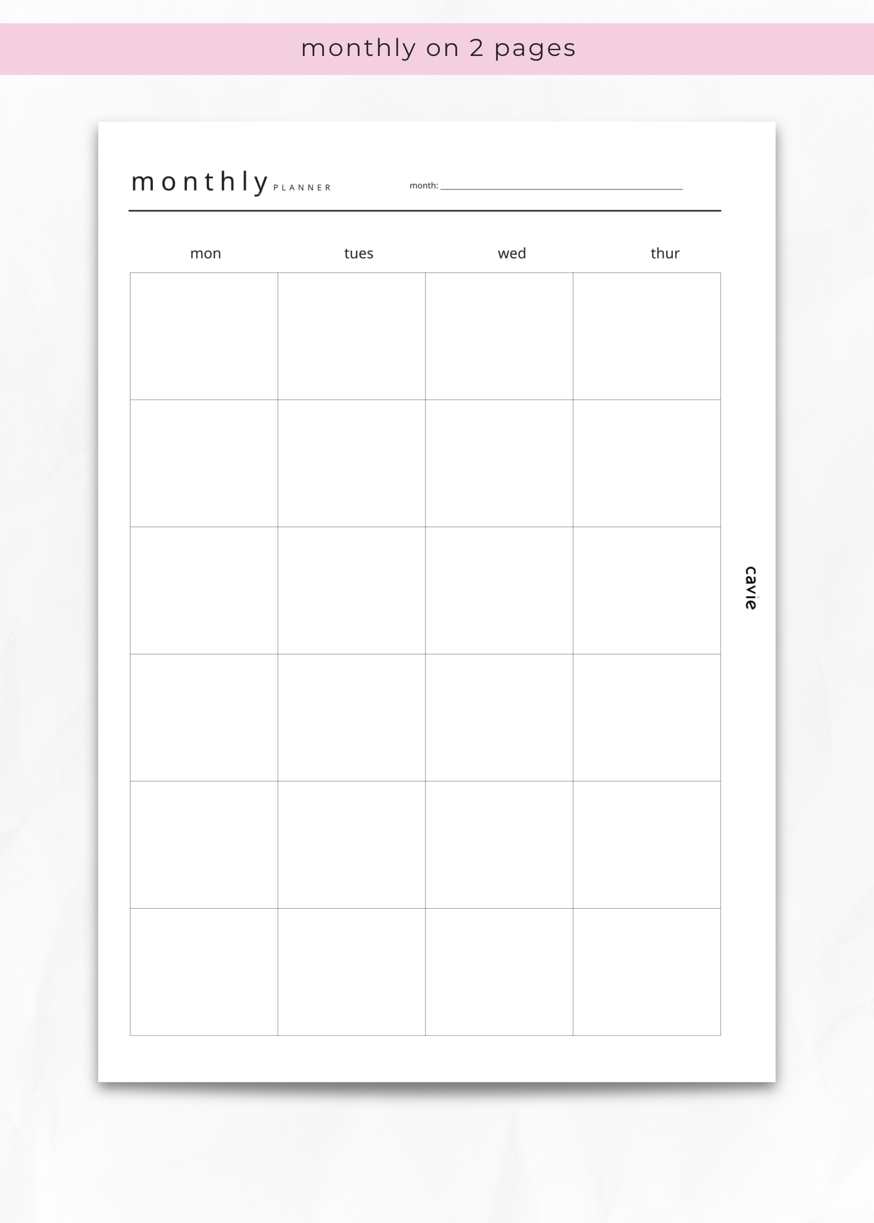 Cavie two-page monthly planner insert, A5 six-ring refill, styled view