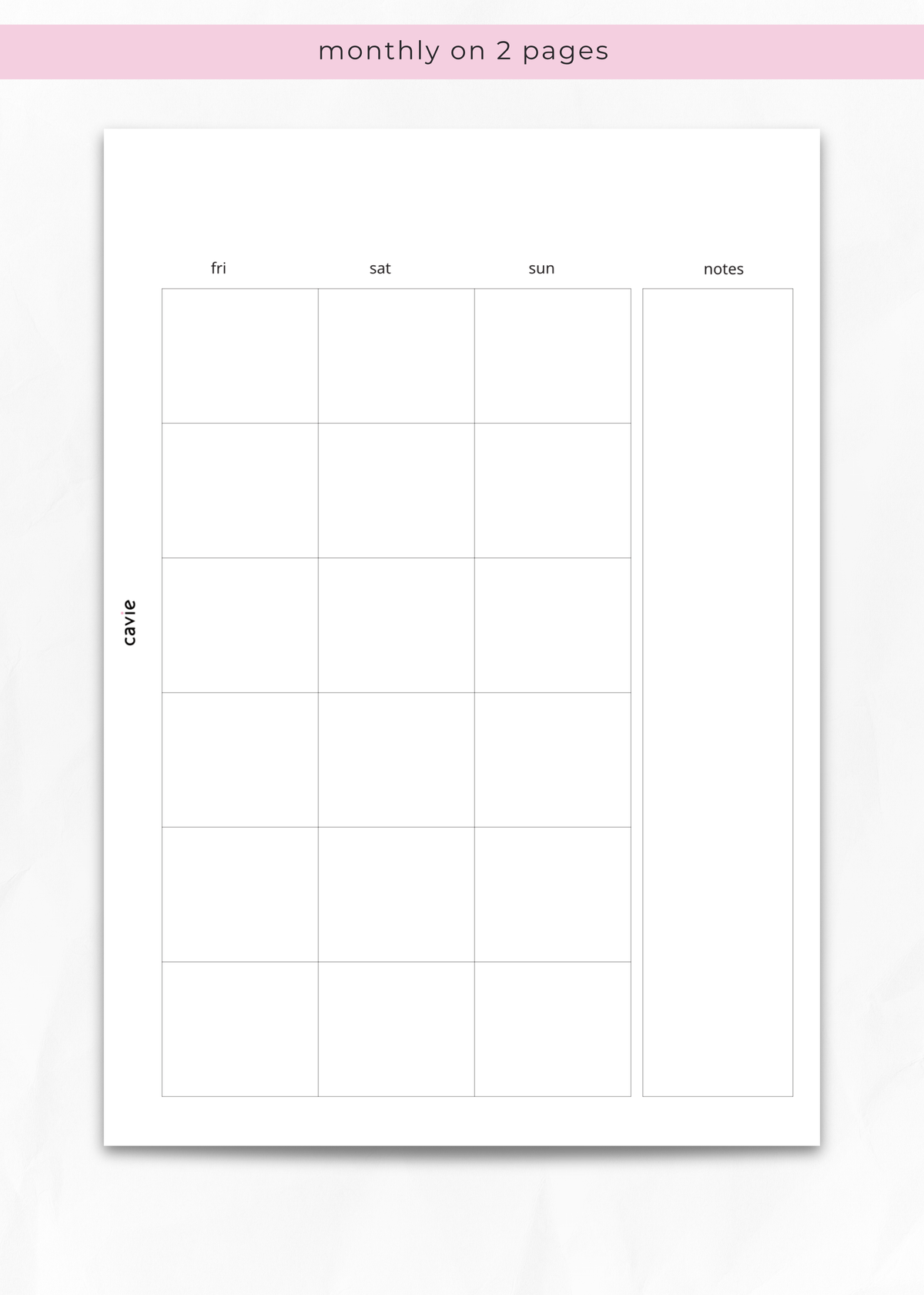 Cavie two-page monthly planner insert, A5 six-ring refill, layout detail